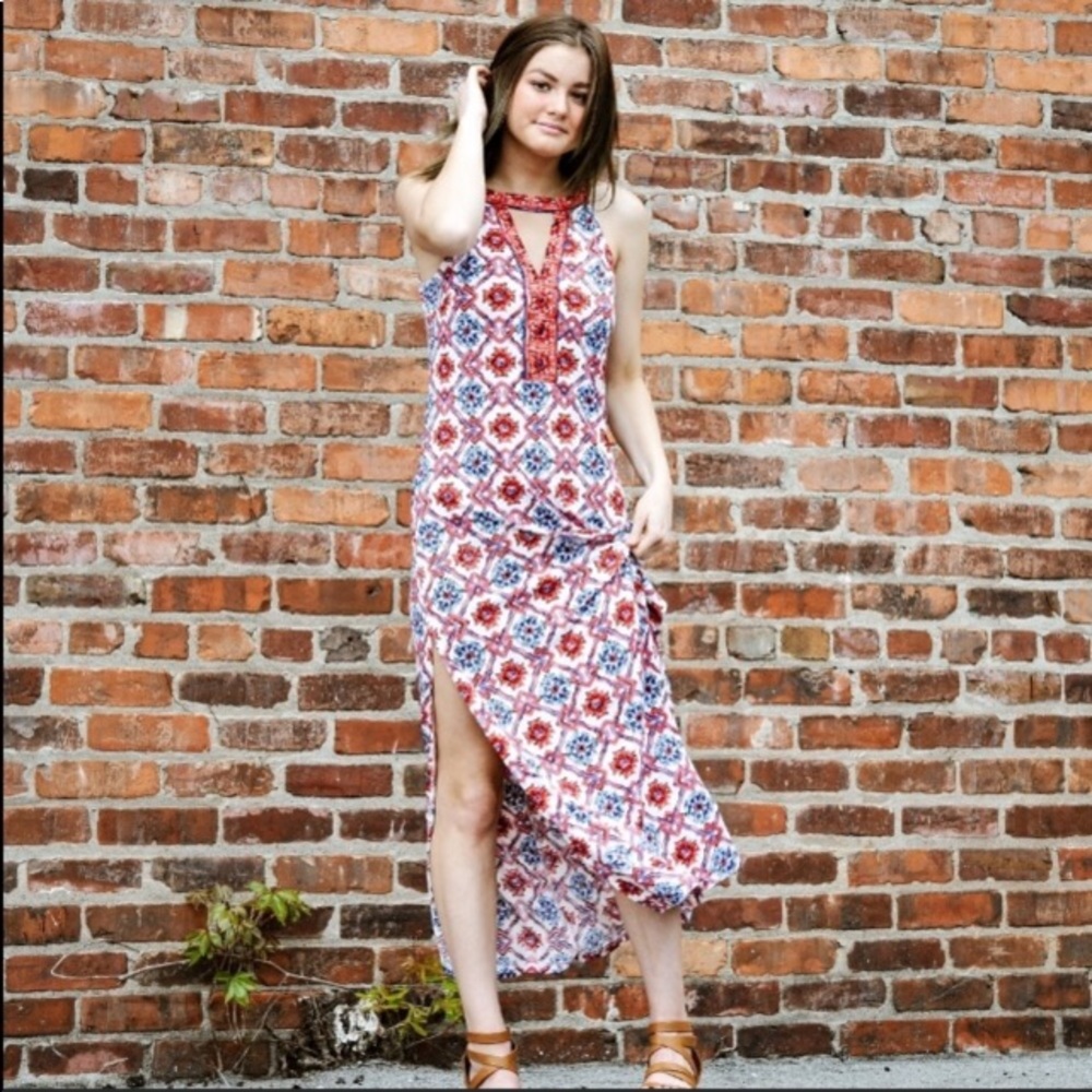 Red/Blue Geometric Sleeveless Maxi Dress